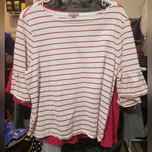 White and coral, Falls creek, trumpet 3/4 sleeve tshirt. Size XL. Worn once.